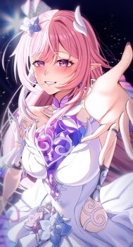 1girl bare_shoulders breasts clothing_cutout commentary_request cyrene_(honkai:_star_rail) cyrene_(ripples_of_past_reverie)_(honkai:_star_rail) diamond-shaped_pupils diamond_(shape) dress flower fu_oekakiman hair_flower hair_ornament highres honkai:_star_rail honkai_(series) large_breasts long_hair multicolored_hair pink_hair pointy_ears purple_eyes reaching reaching_towards_viewer side_cutout smile solo symbol-shaped_pupils two-tone_hair very_long_hair white_dress white_hair