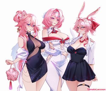 3girls alternate_costume animal_ears artist_name bag bare_shoulders black_dress blush breasts cleavage commentary cowboy_shot dress english_commentary evanescia_(honkai:_star_rail) fingernails flower fox_ears fox_girl genshin_impact hair_between_eyes hair_flower hair_intakes hair_ornament hairband hand_on_own_hip handbag honkai:_star_rail honkai_(series) jacket jewelry large_breasts long_hair looking_at_viewer medium_breasts medium_hair multiple_girls nail_polish open_mouth parted_lips pink_bag pink_flower pink_hair pointy_ears purple_eyes purple_nails remielle_dan see-through_clothes see-through_dress short_hair_with_long_locks simple_background skindentation sleeveless sleeveless_dress smile solo tassel thigh_strap thighs tomatolaccoon trait_connection twirling_hair very_long_hair white_background white_dress white_hairband white_jacket white_wings wings yae_miko zenless_zone_zero
