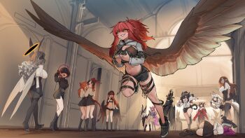 6+girls absurdres against_wall animal_ears ass bare_legs bent_over black_boots black_gloves black_sclera black_shoes black_shorts blindfold blush boots braid breasts brown_hair cat_ears cat_girl cat_tail chasing cleavage colored_sclera commentary demon_tail english_commentary feathered_wings fleeing fox_ears fox_girl fox_tail gloves grey_shrug grin hair_between_eyes halo high_heel_boots high_heels highres hood hood_down hooded_shrug indoors knee_boots large_breasts less long_hair long_sleeves lying midriff multiple_girls navel on_side orange_eyes original pink_hair pointing ponytail ponytail_with_braided_base rabbit_ears rabbit_girl rabbit_tail red_hair running shoes short_shorts shorts shrug_(clothing) sidelocks slap_mark smile spanked tail thigh_strap wings yuri