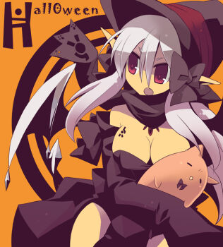 1girl :o bat_wings black_bow black_dress black_scarf body_markings bow breasts cleavage cowboy_shot detached_sleeves dress fang hair_bow halloween hat long_hair looking_to_the_side original red_eyes scarf sleeves_past_wrists solo white_hair white_wings wings witch witch_hat yuzuki_gao