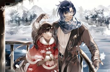 Rule 34 | 1boy, 1girl, beanie, belt, belt buckle, black belt, black coat, black gloves, black pants, blue eyes, blue hair, blue scarf, bubble tea, buckle, checkered clothes, checkered scarf, chinese commentary, clarence clayden, clarence clayden (corridor of fate), coat, commentary request, cowboy shot, cup, curtained hair, day, disposable cup, fingerless gloves, fur-trimmed poncho, gloves, grey eyes, grey sweater, hair between eyes, hand up, hat, heroine (lovebrush chronicles), highres, holding, holding cup, icicle, lake, lapel pin, lapels, long hair, long sleeves, looking to the side, looking up, lovebrush chronicles, low-tied sidelocks, mittens, mole, mole under eye, mountain, notched lapels, open clothes, open coat, open hand, pants, parted lips, pom pom (clothes), pom pom beanie, railing, red lips, red poncho, red skirt, scarf, shielding, short hair, sidelocks, skirt, smile, snowflakes, snowing, standing, sweater, swept bangs, tree, turtleneck, turtleneck sweater, veranda, wangulongdong, white hat, white mittens, white sweater, winter, winter clothes