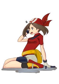 Rule 34 | 1girl, bandana, bike shorts, bike shorts under shorts, blue eyes, brown hair, fanny pack, gloves, hand on ground, highres, kneeling, looking to the side, may (pokemon), medium hair, nintendo, on ground, pokemon, pokemon rse, red bandana, red shirt, shirt, shorts, shorts under shorts, simple background, sitting, tikuwabu 33, white background, white gloves