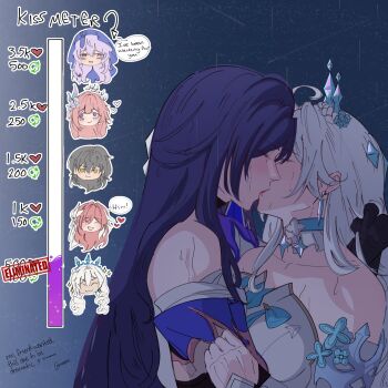 6+girls acheron_(honkai:_star_rail) black_swan_(honkai:_star_rail) breasts cyrene_(honkai:_star_rail) cyrene_(ripples_of_past_reverie)_(honkai:_star_rail) detached_collar detached_sleeves earrings elysia_(herrscher_of_human:_ego)_(honkai_impact) elysia_(honkai_impact) english_text grey_hair hair_ornament hashtag-only_commentary highres honkai:_star_rail honkai_(series) honkai_impact_3rd in-franchise_crossover jewelry kiana_kaslana kiana_kaslana_(ba-dum!_fiery_wishing_star) kiana_kaslana_(wintery_wishes) kiss kiss_meter_(meme) large_breasts long_hair meme mikiyuuz multiple_girls pink_hair purple_hair simple_background stelle_(honkai:_star_rail) tiara trailblazer_(honkai:_star_rail) veil very_long_hair water_drop white_hair yuri