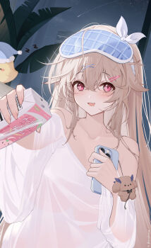 1girl absurdres anchorage_(azur_lane) anchorage_(sweet_evening_milk)_(azur_lane) azur_lane blush breasts brown_hair charm_(object) commentary_request drink_carton drooling hair_between_eyes highres holding holding_milk_carton holding_phone huang_(pixiv3580877) indoors large_breasts long_hair looking_at_viewer manjuu_(azur_lane) mask mask_on_head milk_carton mouth_drool open_mouth phone pink_eyes see-through_clothes see-through_shirt see-through_silhouette shirt sleep_mask smile white_shirt