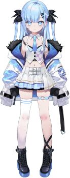 1girl bare_shoulders black_boots blue_eyes blue_hair blue_jacket blue_necktie blue_thighhighs boots closed_mouth crop_top cropped_shirt full_body hair_ornament hairclip highres jacket lace-up_boots long_hair long_sleeves looking_at_viewer midriff miniskirt navel necktie o-ring o-ring_thigh_strap off_shoulder official_art open_clothes open_jacket parallel_hairclips pleated_skirt runoa_hirune second-party_source shirt simple_background skirt sleeveless sleeveless_shirt sleeves_past_fingers sleeves_past_wrists smile solo standing striped_clothes striped_thighhighs tachi-e thigh_strap thighhighs transparent_background two_side_up veil_project virtual_youtuber white_skirt white_thighhighs yamanasi_mikage