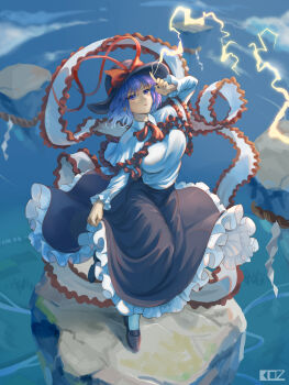 1girl absurdres artist_logo black_hat black_skirt blue_eyes blue_hair blue_sky bow commentary edz_drawz electricity english_commentary frilled_ribbon frilled_skirt frills full_body hat hat_bow highres index_finger_raised lightning logo long_skirt looking_at_viewer nagae_iku red_bow ribbon shirt short_hair skirt skirt_hold sky solo standing touhou white_shirt