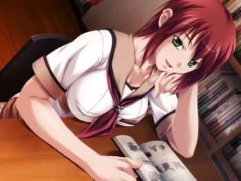 10s 1girl collarbone female_focus game_cg green_eyes guilty kuraki_hiro looking_at_viewer miyauchi_akira open_mouth otome_juurin_yuugi red_hair school_uniform serafuku short_hair short_sleeves sitting skirt smile solo tongue