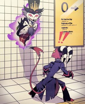 ! !! 2boys black_coat black_gloves black_headwear black_pants blitzo_(helluva_boss) coat colored_sclera commentary_request crossover crown demon_boy demon_horns demon_tail extra_eyes fur_trim gloves glowing glowing_eyes hat hellaverse helluva_boss highres horns imp indoors long_sleeves multiple_boys nagiko_(mangalove1111) owl_boy pants portal_(object) red_eyes sign stolas_(helluva_boss) tail the_exit_8 tile_floor tile_wall tiles top_hat waving yellow_sclera