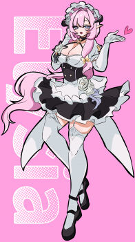 1girl absurdres apron black_dress black_shoes blue_eyes breasts butterfly_hair_ornament character_name cleavage commentary_request dress elbow_gloves elf elysia_(honkai_impact) elysia_(miss_pink)_(honkai_impact) elysia_(miss_pink_elf)_(honkai_impact) fake_horns full_body garter_straps gloves hair_ornament heart highres honkai_(series) honkai_impact_3rd horns large_breasts long_hair looking_at_viewer maid maid_apron maid_headdress official_alternate_costume pink_background pink_hair pointy_ears setu_xxx shoes solo thighhighs thighs very_long_hair white_apron white_garter_straps white_gloves white_thighhighs