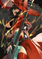 Rule 34 | 1girl, absurdres, alwaysregg, black gloves, black hair, boots, breasts, cleavage, electric guitar, fingerless gloves, gloves, green-tinted eyewear, guilty gear, guilty gear strive, guitar, hat, highres, i-no, instrument, large breasts, looking at viewer, mole, mole above mouth, red footwear, red headwear, red leather, red lips, short hair, sunglasses, thigh boots, tinted eyewear, venus symbol, witch hat