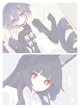 2girls absurdres animal_ear_fluff animal_ears belle_(zenless_zone_zero) black_hair blue_hair clothes_writing commentary_request earrings fox_ears fox_girl green_eyes hair_ornament highres hoshimi_miyabi jewelry letter_hair_ornament long_hair multiple_girls red_eyes shirt short_hair translation_request white_shirt yukadon yuri zenless_zone_zero zzzii0