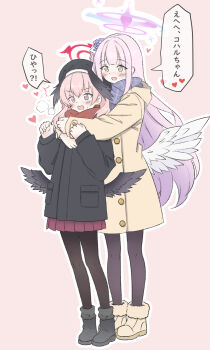 2girls ^^^ angel_wings beret black_boots black_coat black_hat black_pantyhose black_wings blue_archive blue_scarf blush boots brown_boots brown_coat coat commentary_request feathered_wings flower full_body fur-trimmed_boots fur_trim geneakarin hair_bun hair_flower hair_ornament halo hat heart highres hug hug_from_behind koharu_(blue_archive) long_hair long_sleeves low_wings mika_(blue_archive) multiple_girls open_mouth pantyhose partial_commentary pink_background pink_eyes pink_hair pleated_skirt purple_flower purple_skirt red_halo red_scarf scarf simple_background single_side_bun skirt smile translated white_wings wings winter_clothes yellow_eyes yuri