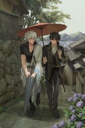 Rule 34 | 2boys, absurdres, ascot, black footwear, black hair, black jacket, black pants, chinese commentary, cityscape, cloud, cloudy sky, commentary request, flower, full body, gintama, hair between eyes, highres, hijikata toushirou, hill, house, jacket, long sleeves, male focus, multiple boys, oil-paper umbrella, outdoors, pants, purple flower, rain, robe, sakata gintoki, shared umbrella, shoes, short hair, sky, stairs, stone stairs, tree, umbrella, walking, white ascot, white hair, white robe, xi hsi