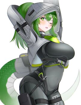 1girl absurdres arknights arknights:_endfield arm_behind_head arms_up blush bodysuit breasts commentary_request fang fluorite_(arknights) green_eyes green_hair grey_bodysuit hair_between_eyes highres hood hood_up large_breasts long_sleeves looking_at_viewer one_eye_closed open_mouth simple_background skindentation small_sweatdrop solo spam_(spamham4506) sweat tail white_background