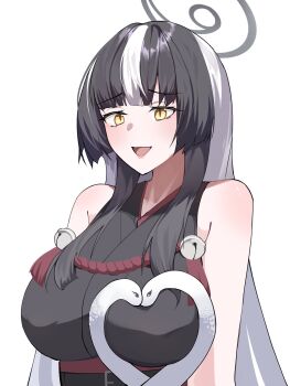 1girl azami_(blue_archive) black_hair blue_archive breasts commentary grey_halo halo highres japanese_clothes kimono large_breasts long_hair multicolored_hair p01_art slit_pupils snake snake_hair symbol-only_commentary tongue two-tone_hair white_hair white_snake yellow_eyes