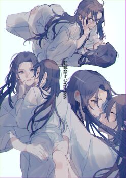 2boys ahoge alternate_costume alternate_hairstyle amana_raika barefoot bathrobe bishounen black_hair blush chinese_clothes chinese_text chromatic_aberration closed_eyes closed_mouth couple face-to-face grey_eyes hand_on_another&#039;s_ass hand_on_another&#039;s_face hand_on_own_face hands_on_another&#039;s_ass hanfu highres hug lan_wangji long_hair long_sleeves looking_at_another lying lying_on_person male_focus modao_zushi multiple_boys multiple_views on_back on_stomach open_mouth parted_bangs parted_lips robe rope_marks sidelocks simple_background smile twitter_username watermark wei_wuxian white_background white_robe wide_sleeves yaoi yellow_eyes