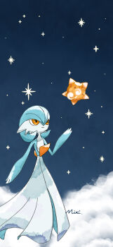 1girl @_@ alternate_color artist_name blue_hair blue_skin blue_sky bob_cut closed_mouth cloud colored_skin eye_contact female_focus flat_chest floating full_body gardevoir gen_3_pokemon gen_7_pokemon hair_between_eyes hand_up happy looking_at_another looking_up minior minior_(core) minior_(orange_core) miti_(miti3t1) multicolored_skin night nintendo on_cloud orange_eyes outdoors pokemon pokemon_(creature) shiny_pokemon short_hair signature sky smile standing star_(sky) starry_sky two-tone_skin white_eyes white_skin