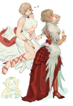 breasts clothing_cutout cup dress dungeon_meshi falin_touden falin_touden_(tallman) feathers from_behind hair_around_ear high_heels highres holding holding_cup implied_yuri lace marcille_donato monstyra pantyhose red_pantyhose red_ribbon red_shoes red_skirt ribbon shoes skirt underboob underboob_cutout white_background white_dress white_feathers