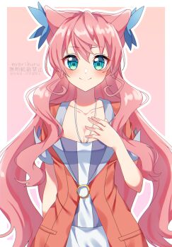 1girl absurdres blush breasts cleavage green_eyes hair_between_eyes hair_ornament highres jewelry long_hair looking_at_viewer maria_cadenzavna_eve medium_breasts myarikuru necklace pink_hair senki_zesshou_symphogear simple_background smile solo very_long_hair