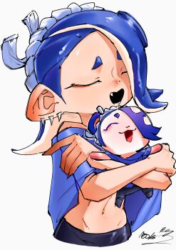Rule 34 | 2girls, ^ ^, absurdres, blue hair, blue shawl, closed eyes, commentary request, dual persona, earrings, fang, hairband, highres, hug, jewelry, long hair, mini person, minigirl, moiako (bingle gagori), multiple earrings, multiple girls, navel, nintendo, open mouth, shawl, shiver (deep cut outfit) (splatoon), shiver (splatoon), short eyebrows, signature, simple background, splatoon (series), splatoon 3, standing, tentacle hair, thick eyebrows, tooth earrings, white background, white hairband