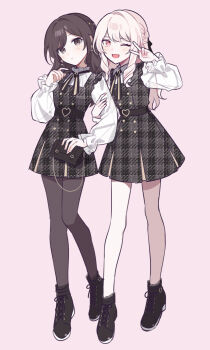 2girls :d akiyama_mizuki ankle_boots belt belt_buckle black_dress black_ribbon blouse boots braid brooch brown_belt brown_boots brown_eyes brown_hair brown_pantyhose buckle buttons commentary_request double-breasted dress earrings fashion french_girly full_body hair_ribbon heart heart-shaped_buckle highres jewelry lace-up_boots long_hair long_sleeves looking_at_viewer multiple_girls neck_ribbon open_mouth pantyhose pearl_hair_ornament pink_background pink_eyes pink_hair pink_nails plaid_clothes plaid_dress project_sekai puffy_long_sleeves puffy_sleeves ribbon shinonome_ena shirt sidelocks simple_background smile unmoving_pattern v waka_(wk4444) white_shirt