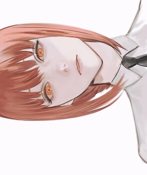 1girl black_necktie braid chainsaw_man collared_shirt commentary_request crown_braid eyelashes head_tilt highres lips looking_at_viewer makima_(chainsaw_man) medium_hair necktie parted_lips portrait red_hair rikainot shirt sideways sitting solo straight-on white_background white_shirt yellow_eyes