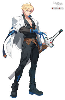 Rule 34 | 1boy, absurdres, aiden (black survival), aiden (ky aiden) (black survival), black boots, black pants, black shirt, black survival, blonde hair, blue boots, blue eyes, blue gloves, boots, closed mouth, collared shirt, commentary request, copyright name, cross, cross print, ddollydonut, eternal return: black survival, full body, gloves, guilty gear, guilty gear strive, highres, jacket, jacket on shoulders, korean commentary, long sleeves, looking at viewer, multicolored boots, official alternate costume, official art, open clothes, open shirt, pants, partially fingerless gloves, partially open shirt, scabbard, sheath, shirt, simple background, solo, standing, tachi-e, two-tone boots, white background, white jacket