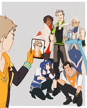 2girls 3boys absurdres androgynous baseball_cap blanche_(pokemon) blonde_hair blue_eyes blue_hair brown_hair candela_(pokemon) closed_eyes crossed_arms dark_skin female_protagonist_(pokemon_go) gloves grey_background hat highres holding holding_poke_ball leggings male_protagonist_(pokemon_go) middle_finger millennium_puzzle multiple_boys multiple_girls nintendo old old_man outline pantyhose parody poke_ball pokemon pokemon_go ponytail professor_willow selfie selfie_prank simple_background smile spark_(pokemon) squatting tablet_pc tongue tongue_out v visor_cap white_gloves white_hair you&#039;re_doing_it_wrong yu-gi-oh!