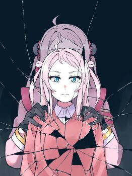 Rule 34 | 2girls, ahoge, anemone lz, behind another, black gloves, blue eyes, broken mirror, bun cover, closed mouth, coat, collared shirt, commentary request, double bun, dress shirt, dual persona, eutopia (love live!), gloves, hair bun, hands on another&#039;s shoulders, highres, long hair, long sleeves, love live!, love live! nijigasaki high school idol club, mirror, mole, mole under eye, multiple girls, official alternate costume, pink coat, pink sweater, reflection, reflection focus, shirt, split mouth, sweater, two side up, white shirt, zhong lanzhu