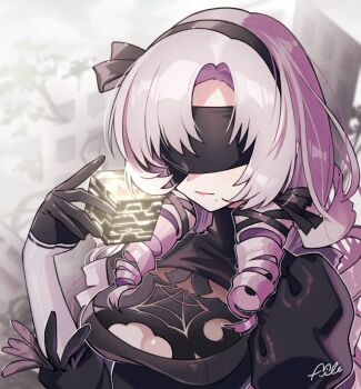 1girl 2b_(nier:automata) 2b_(nier:automata)_(cosplay) black_gloves black_hairband box breasts cleavage cleavage_cutout clothing_cutout commentary_request cosplay drill_hair gloves glowing_lines hairband highres hyakumantenbara_salome loose_hair_strand medium_breasts mile_t0r0 mole mole_under_mouth nier:automata nier_(series) nijisanji pink_lips solo twin_drills virtual_youtuber