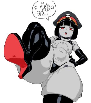 Rule 34 | 1girl, absurdres, android, bikini, bingbingzi, black hair, black panties, bob cut, boots, breasts, colored skin, commentary, from below, gluteal fold, grey skin, hat, hat ornament, high heel boots, high heels, highres, latex thigh boots, leather, leather boots, military hat, navel, original, panties, red eyes, robot girl, robot girl (bingbingzi), shortstack, simple background, skull hat ornament, small breasts, swimsuit, thick thighs, thighs, thong, underwear, untranslatable commentary, white background, white bikini