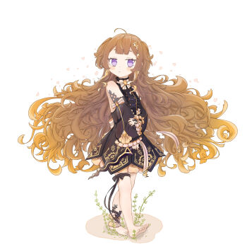 Rule 34 | 1girl, absurdres, ahoge, anya melfissa, anya melfissa (1st costume), barefoot, black dress, black sleeves, blonde hair, blonde streaks, brown hair, closed mouth, colored inner hair, commentary request, detached sleeves, dress, feet, highres, hololive, hololive indonesia, multicolored hair, purple eyes, solo, streaked hair, toes, u da desu, virtual youtuber, white background