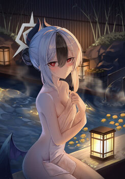 1girl black_hair black_horns blue_archive blush breasts bright_pupils closed_mouth commentary covering_privates demon_horns demon_wings food fruit fruit_on_liquid grey_halo hair_between_eyes hair_bun halo highres horns kayoko_(blue_archive) lamp leehong_studio looking_at_viewer low_wings medium_breasts multicolored_hair naked_towel nude nude_cover onsen orange_(fruit) single_hair_bun single_wing sitting solo steam towel two-tone_hair water wet wet_towel white_hair white_pupils wings