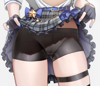 1girl belt bike_shorts bike_shorts_under_skirt black_gloves black_shorts blue_belt blue_bow blue_nails bow cameltoe clothes_lift cropped gloves gluteal_fold good_thighs_day grey_skirt hashtag-only_commentary highres hololive hoshimachi_suisei lifting_own_clothes shorts skirt virtual_youtuber wszkii