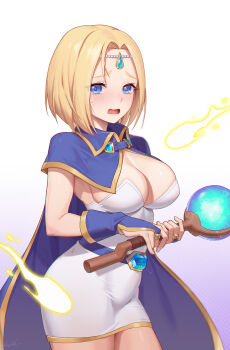 Rule 34 | 1girl, belt, blonde hair, blue belt, blue cape, blue eyes, blue gloves, blush, breasts, cape, cleavage, commentary, copyright request, dress, forehead jewel, gem, gloves, gradient background, hayate (leaf98k), highres, holding, holding staff, looking at viewer, medium breasts, open mouth, short hair, simple background, skin tight, solo, staff, tearing up, white background, white dress