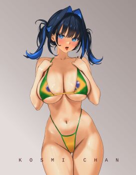 1girl ;d alternate_costume bikini black_hair black_shorts blue_eyes blue_hair blue_nails brazilian_miku brazilian_miku_(cosplay) breasts cosplay cropped_shirt eyewear_on_head flower green_bikini green_shirt hair_flower hair_intakes hair_ornament hatsune_miku highleg highleg_bikini highres hololive hololive_english kosmi_chan large_breasts long_hair looking_at_viewer micro_shorts multicolored_bikini multicolored_hair navel one_eye_closed open_clothes open_mouth open_shorts ouro_kronii red_flower shirt shorts signature simple_background smile solo stomach sunglasses swimsuit thighs two-tone_bikini two-tone_hair two-tone_shirt v virtual_youtuber yellow_bikini yellow_shirt