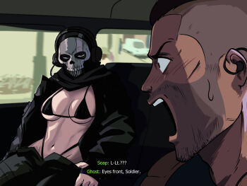 1boy 1girl bikini black_bikini black_jacket blush breasts call_of_duty call_of_duty:_modern_warfare_2 car_interior clothes_pull earpiece english_text facial_hair fingerless_gloves from_side genderswap genderswap_(mtf) ghost_(modern_warfare_2) gloves groin half-closed_eyes headphones headset highleg highres jacket soap_(modern_warfare_2) large_breasts long_sleeves looking_at_another mask navel open_clothes open_jacket pants pants_pull panty_straps portrait short_hair skull_mask soap_(modern_warfare_2) stubble subtitled swimsuit tina_fate upper_body