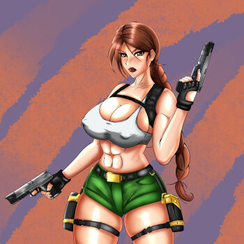 1girl abs absurdres breasts brown_hair corpa dual_wielding gun highres holding lara_croft large_breasts long_hair solo tomb_raider weapon