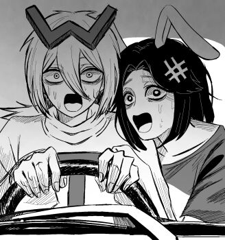 1boy 1girl 4chan animal_ears chainsaw_man collarbone drawfag driving fake_animal_ears greyscale hair_ornament hatching_(texture) highres long_hair low_twintails monochrome nishimura_hiroyuki_(person) open_mouth rabbit_ears scene_reference screaming shirt short_hair sweat turtleneck turtleneck_shirt twintails wt_snacks