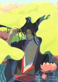 Rule 34 | 1boy, bishounen, black hair, black hanfu, blue eyes, chinese clothes, collarbone, commentary, day, dreamer ameba, eyelashes, flower, hair over one eye, hand up, hanfu, highres, leaf, lily pad, long hair, looking at viewer, lotus, lotus leaf, male focus, modao zushi, outdoors, parted lips, pectoral cleavage, pectorals, pink flower, ponytail, red sash, sash, shade, sidelocks, sitting, smile, solo, symbol-only commentary, twitter username, upper body, wei wuxian, wide sleeves