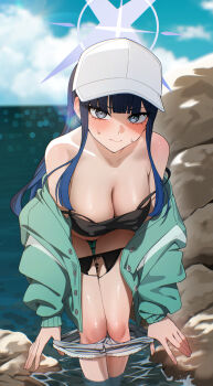 Rule 34 | bare shoulders, black hair, blue archive, blue eyes, blue hair, blue halo, blush, breasts, cleavage, clothes pull, covered erect nipples, ett, feet in water, feet out of frame, green jacket, halo, hat, highres, jacket, jacket partially removed, leaning forward, looking at viewer, multicolored hair, nervous sweating, off shoulder, panties around leg, pants, pants pull, ponytail, pubic hair, pubic hair peek, rock, saori (blue archive), saori (swimsuit) (blue archive), shiny skin, short shorts, shorts, sky, solo, sweat, tagme, thighs, wading, white hat
