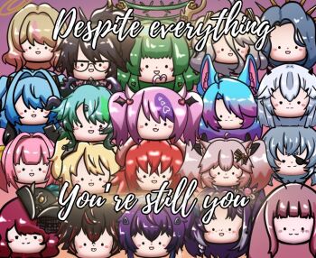 1boy 6+girls :3 :d akatsuki_hotaru animal_ears antennae antlers apricot_the_lich black_hair blonde_hair blue_hair blush blush_stickers bow cat_ears chibi chibi_only demon_horns dragon_horns english_text eyepatch general_geega glasses green_hair grey_hair group_picture hair_bow hair_ornament halo haruka_karibu head_only henya_the_genius hestia_happiness hime_hajime horns indie_virtual_youtuber ironmouse kifecreations kson kuro_kurenai matara_kan melody_(projektmelody) michi_mochievee monarch_(amalee) multiple_girls nyatasha_nyanners okamoto_nagi open_mouth outline pink_background pink_hair purple_hair red_hair silvervale simple_background smile twintails vei_(vtuber) virtual_youtuber white_hair wolf_ears zentreya