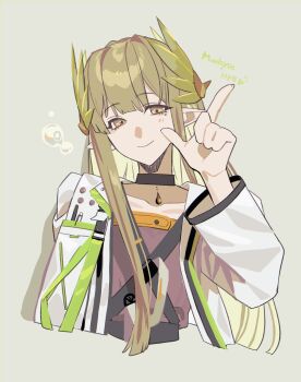 1girl arknights black_choker blonde_hair blunt_bangs character_name choker closed_mouth commentary_request cropped_torso elf hand_up highres index_finger_raised long_hair long_sleeves looking_at_viewer matsuba_(mtbsbr721) mole mole_under_eye muelsyse_(arknights) pendant_choker pointy_ears simple_background smile solo upper_body yellow_eyes