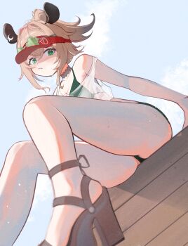 1girl absurdres animal_ears armpit_crease besi_(besidoesart) bikini blush breasts brown_hair cloud commentary day dutch_angle foot_out_of_frame from_below from_side green_bikini green_eyes high_heel_sandals high_heels highres indie_virtual_youtuber large_breasts legs long_legs looking_at_viewer nimi_nightmare nimi_nightmare_(lifeguard) outdoors sandals see-through_clothes see-through_shirt shirt sky solo strappy_heels sweat swimsuit tapir_ears tapir_girl thick_thighs thigh_focus thighs virtual_youtuber visor_cap