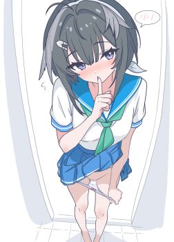 1girl absurdres alternate_costume arknights black_hair blue_eyes blue_sailor_collar clothes_lift commentary_request eggplant7217 feather_hair finger_to_mouth flashing flying_sweatdrops foreshortening green_neckerchief hair_ornament hairclip highres index_finger_raised la_pluma_(arknights) lifting_own_clothes looking_at_viewer neckerchief panties panty_pull pussy sailor_collar shirt shirt_lift short_hair short_sleeves solo spoken_blush standing uncensored underwear white_shirt