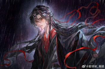 1boy artist_request bishounen black_coat black_hair black_sash chinese_clothes coat commission floating_hair grey_hanfu hair_down hair_ribbon half_updo hanfu highres long_hair looking_at_viewer male_focus modao_zushi official_alternate_costume official_alternate_hairstyle open_clothes open_coat parted_lips rain red_eyes red_ribbon ribbon robe sash second-party_source solo upper_body watermark wei_wuxian wei_wuxian_(yiling_laozu) weibo_watermark wet wet_hair wide_sleeves