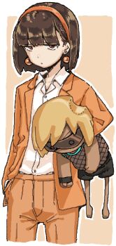 Rule 34 | 1girl, blunt bangs, brown hair, character doll, closed mouth, collared shirt, cowboy shot, doll, earrings, expressionless, hairband, half-closed eyes, jacket, jewelry, looking at viewer, man (man-room), manager (inmu), manatsu no yo no inmu, open clothes, open jacket, orange hairband, orange jacket, orange pants, pants, shirt, short hair, solo, sphere earrings, takuya (acceed), white shirt