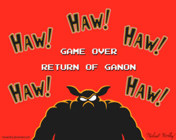 1boy animal_ears demon game_over game_over_screen ganon laughing looking_at_viewer male_focus nintendo pig pig_ears red_background shadow smug solo the_legend_of_zelda white_eyes wizard zelda_ii:_the_adventure_of_link