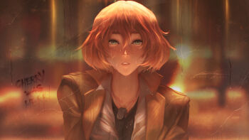 1girl artist_name black_shirt blurry blurry_background brown_jacket collarbone collared_jacket collared_shirt commentary commission dog_tags english_commentary english_text freckles green_eyes hair_between_eyes highres jacket lips looking_at_mirror looking_at_viewer medium_hair mirror nose open_clothes open_jacket orange_hair original parted_lips paul_nong shirt shirt_under_shirt signature solo teeth upper_body water wet wet_clothes wet_face wet_jacket wet_shirt white_shirt