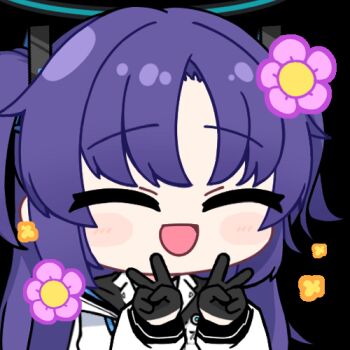 1girl :d acomu414 animated animated_gif black_gloves black_halo black_jacket blue_archive blue_halo closed_eyes collared_shirt double_v flower gloves halo jacket long_hair lowres mechanical_halo multicolored_halo open_mouth purple_hair shirt simple_background smile solo transparent_background two-tone_halo two_side_up v white_jacket white_shirt yuuka_(blue_archive)
